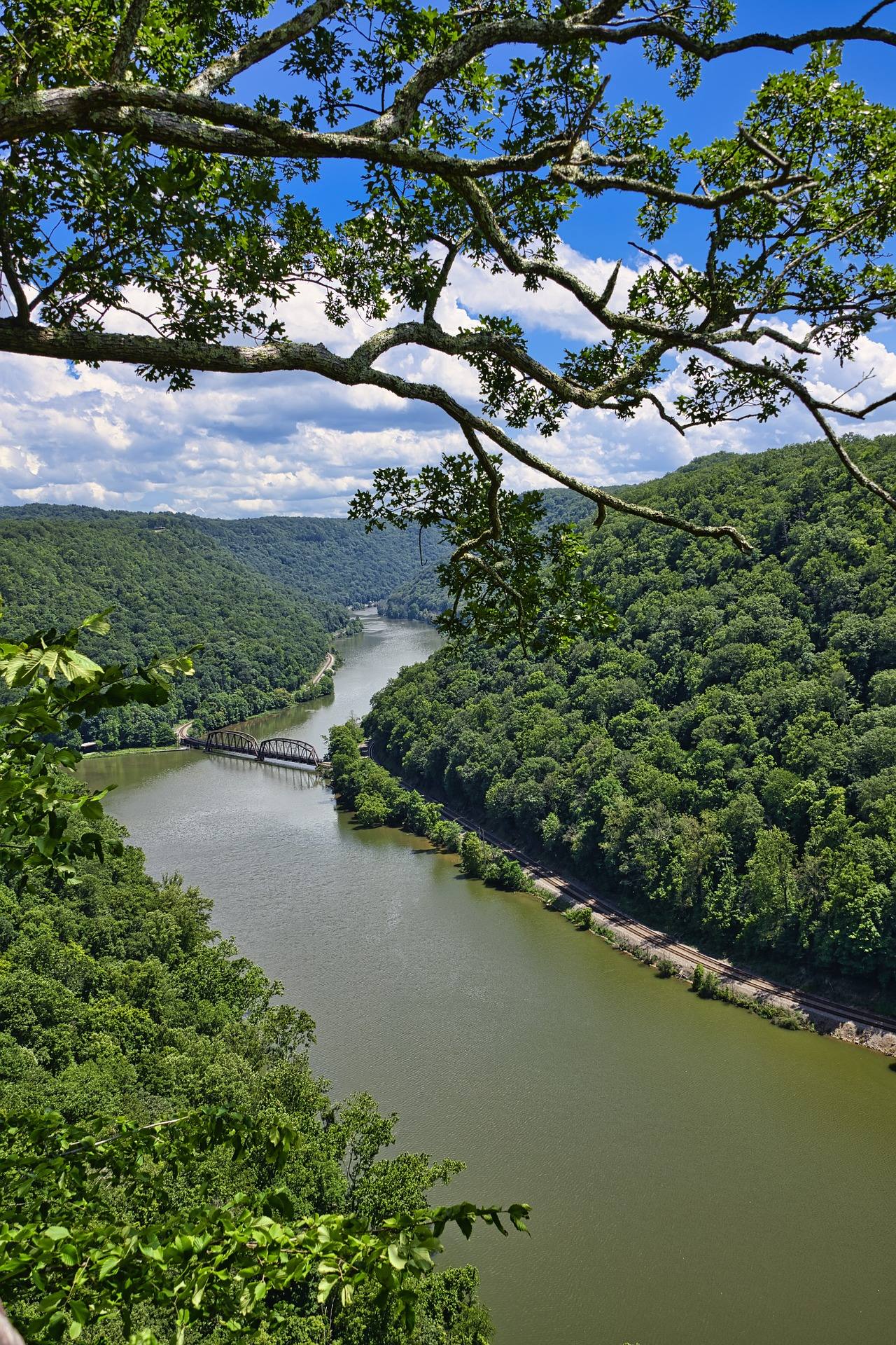 View through overhanging branches from the Hawks Nest State Park overlook down to the New River in the gorge below, West Virginia