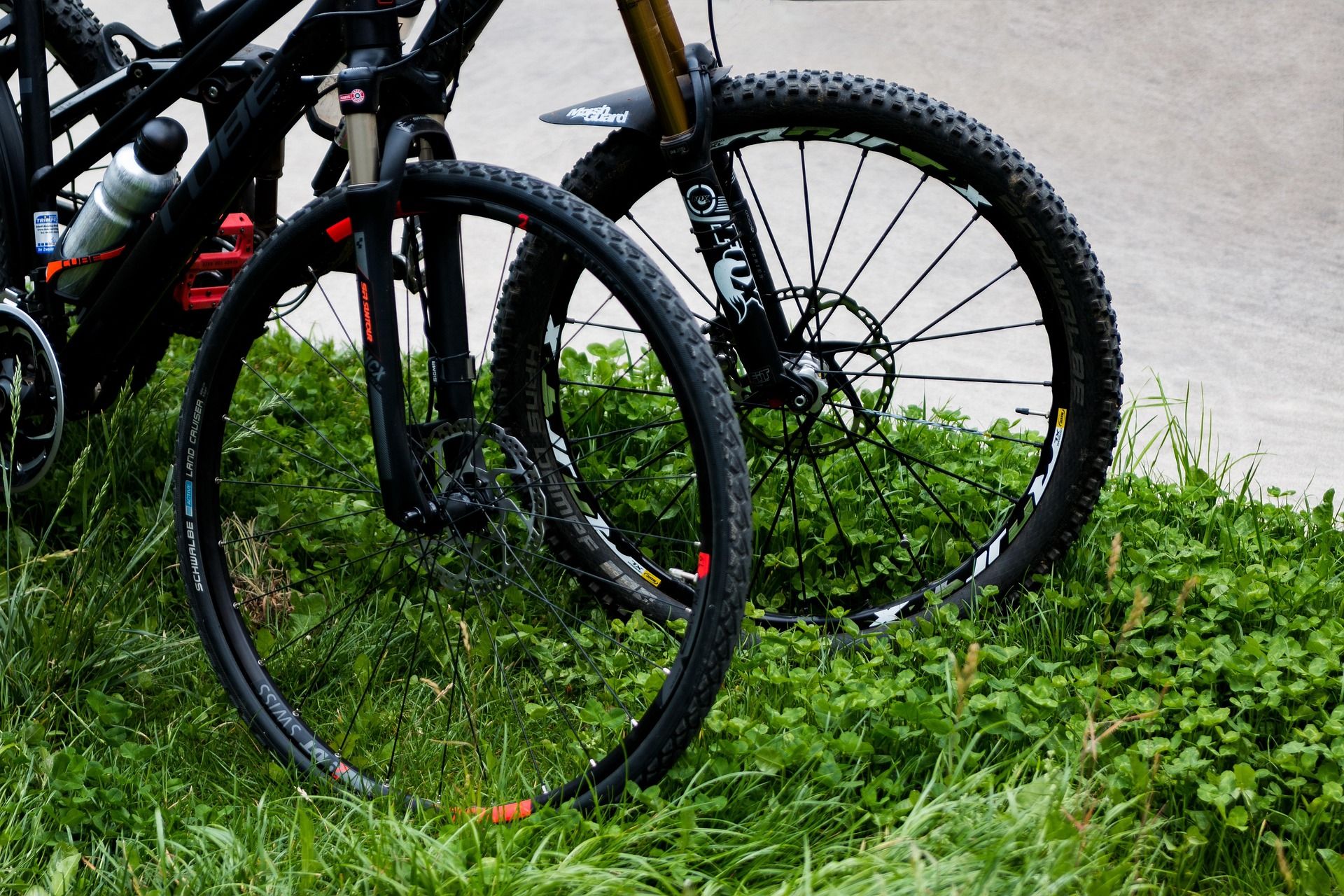 Two mountain bikes with knobby tyres parked in long grass at the edge of a trail
