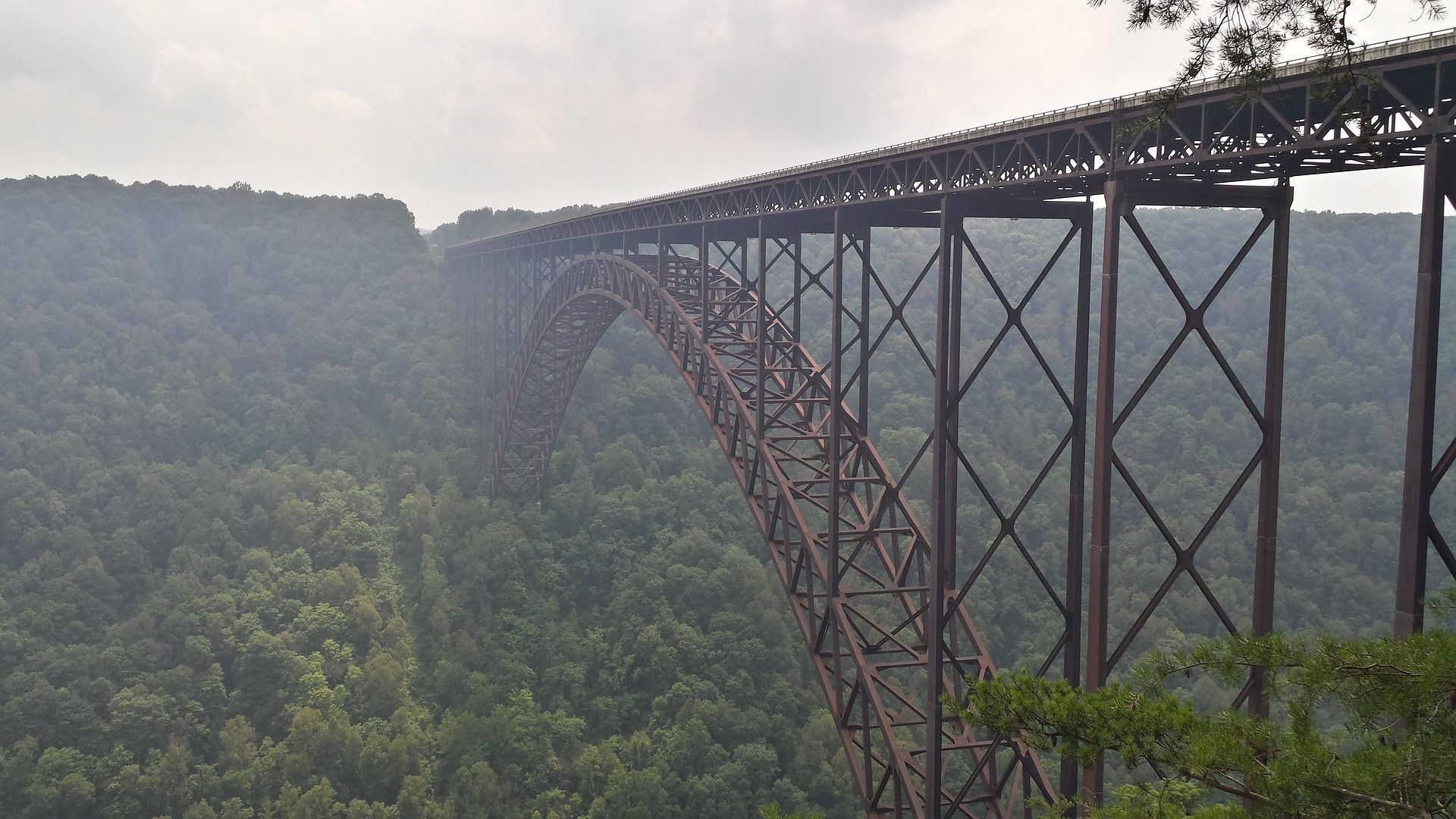 The New River Gorge Bridge steel arch spanning the forested gorge near Fayetteville, West Virginia